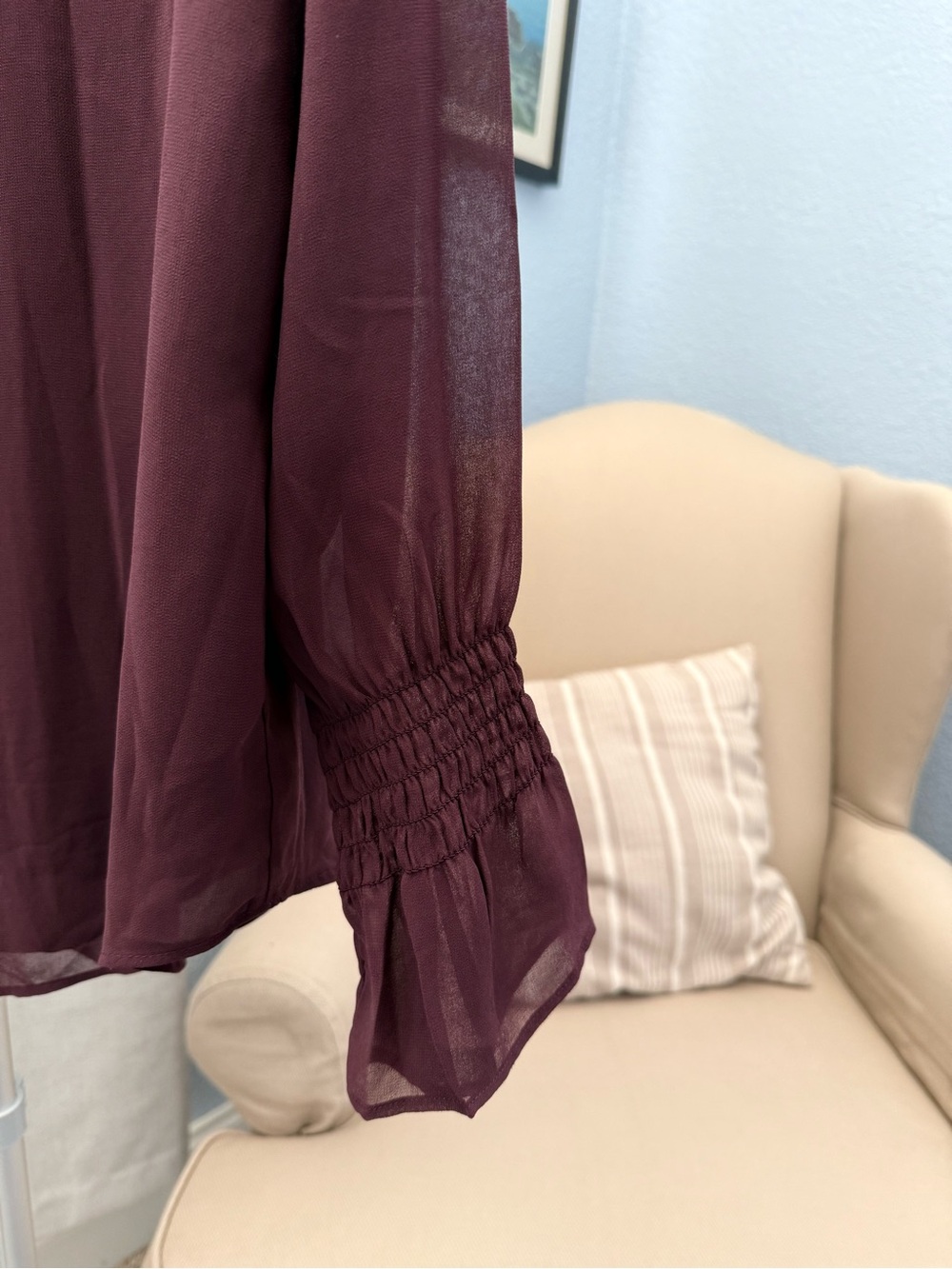 Ann Taylor Smocked Ruffle Neck Long-Sleeve Blouse Burgundy Size L - Picture 4 of 7